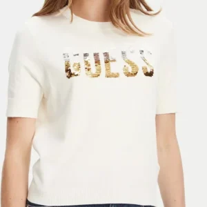 Κοντομάνικη μπλούζα πλεκτή με παγιέτες Guess W5YR25Z2NQ2 εκρού